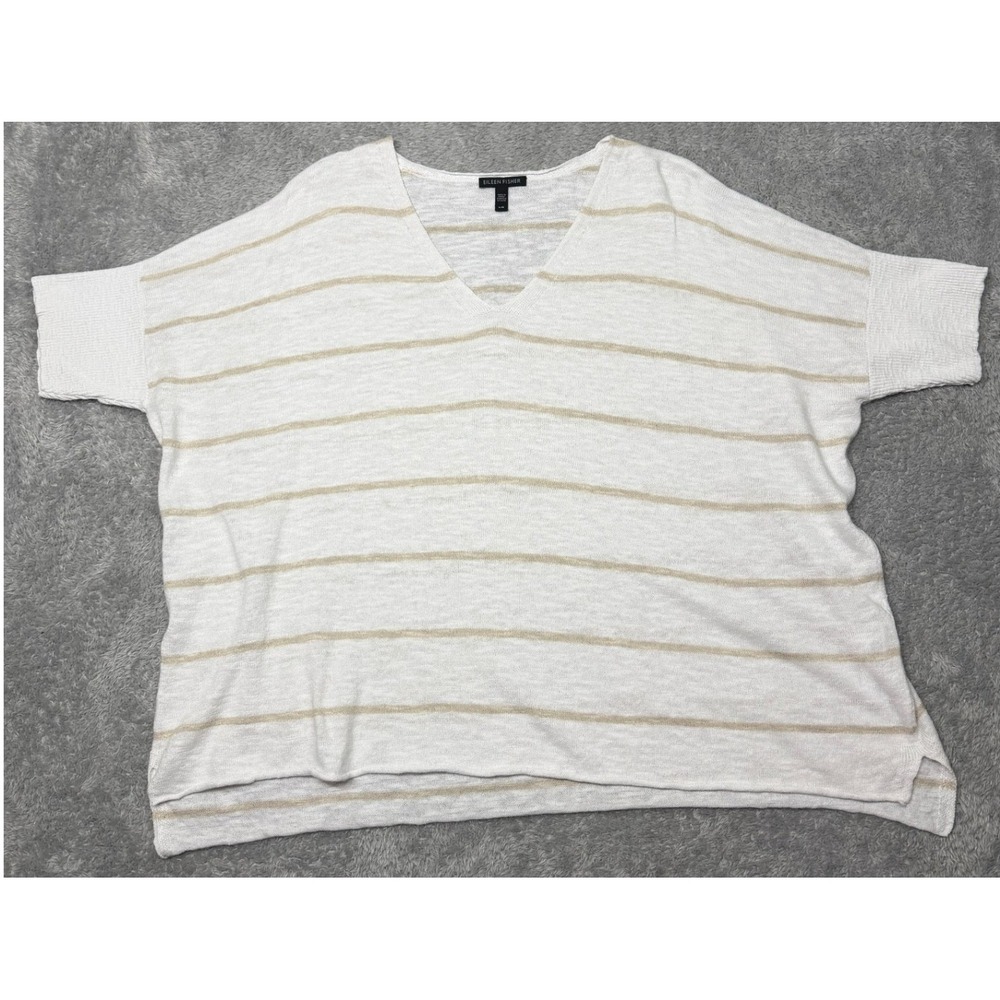 Eileen Fisher Sweater Womens L White Tan Striped V Neck Organic Linen Cotton